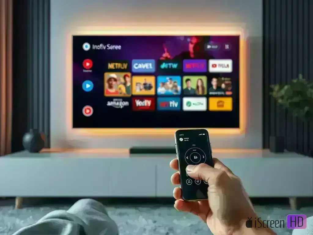 Android TV remote control and smartphone controlling TV screen
