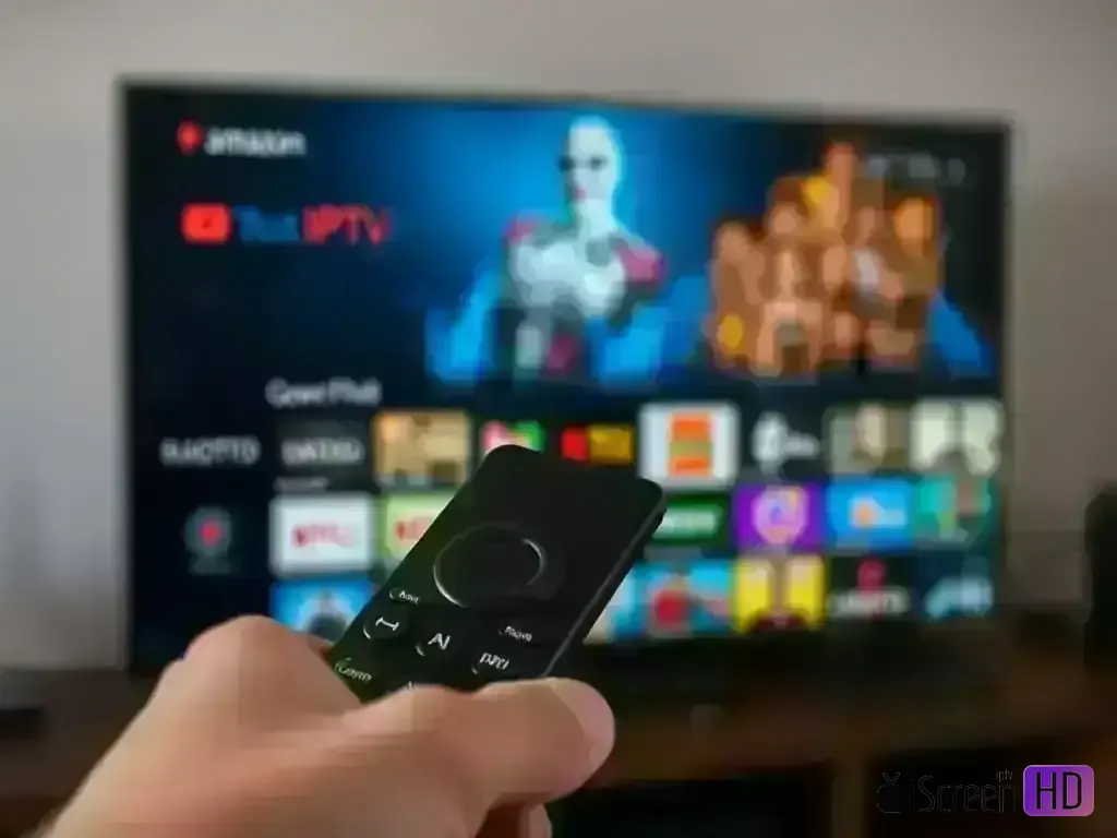 Amazon Fire TV remote control pointing to IPTV app interface