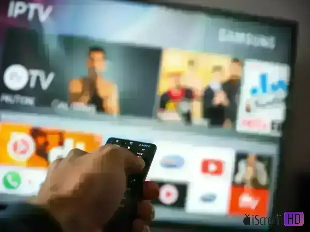 Smart TV IPTV Setup - Remote control pointing to IPTV app on Samsung TV screen